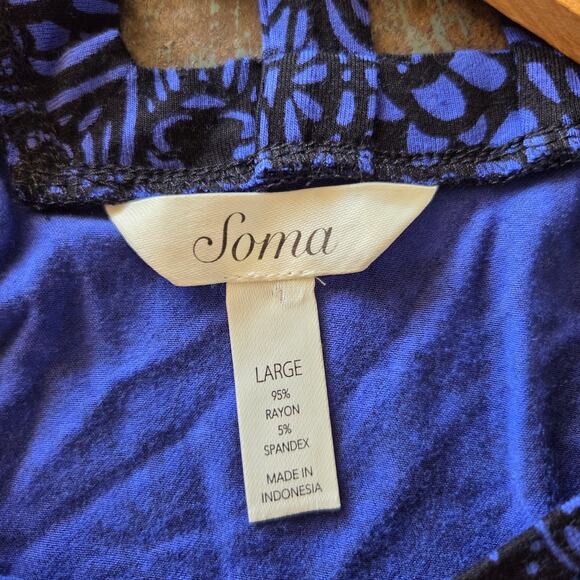 Soma Live Lounge Cross Back Top Size L Blue Black 3/4 Sleeve Jersey Knit Rayon - Picture 5 of 6